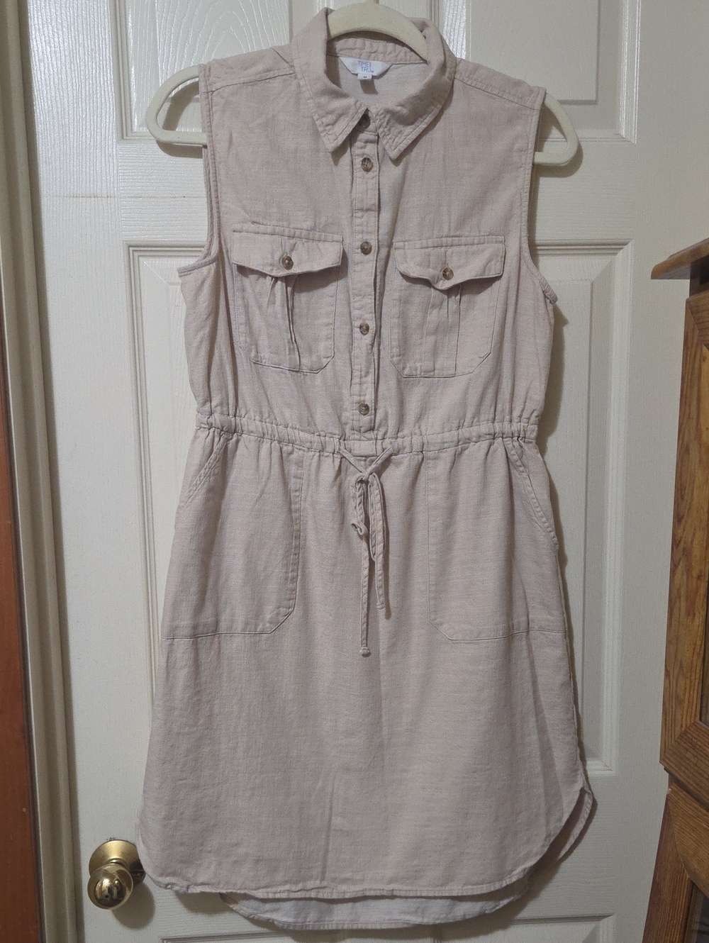 Time and Tru Sleeveless Drawstring Shirt Dress in Light Taupe